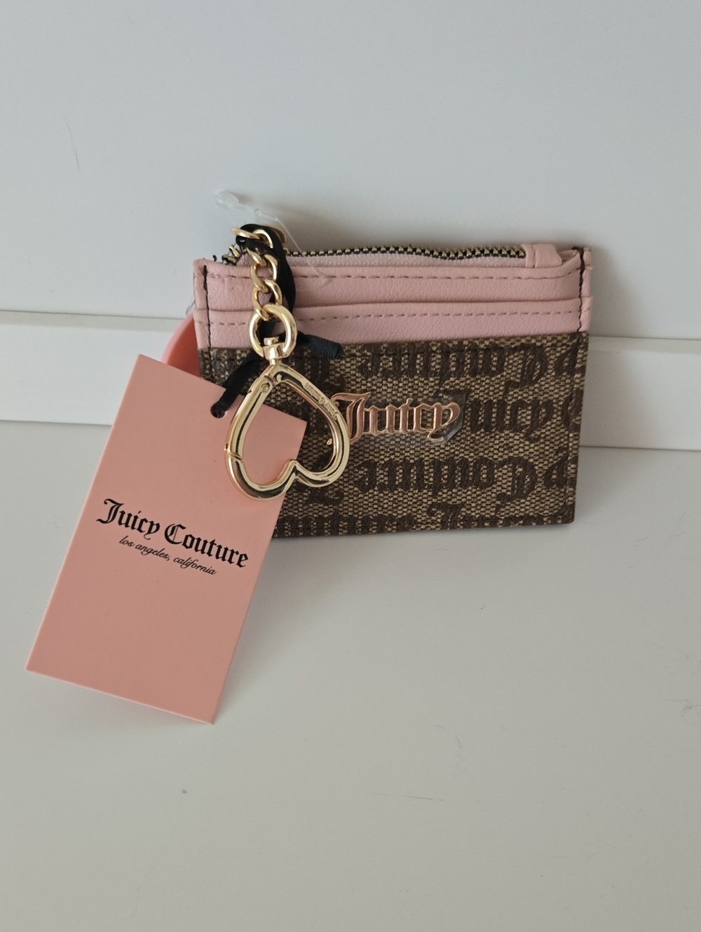 Juicy Couture Brown Logo Card Case with Pink Trim and Gold Heart Charm